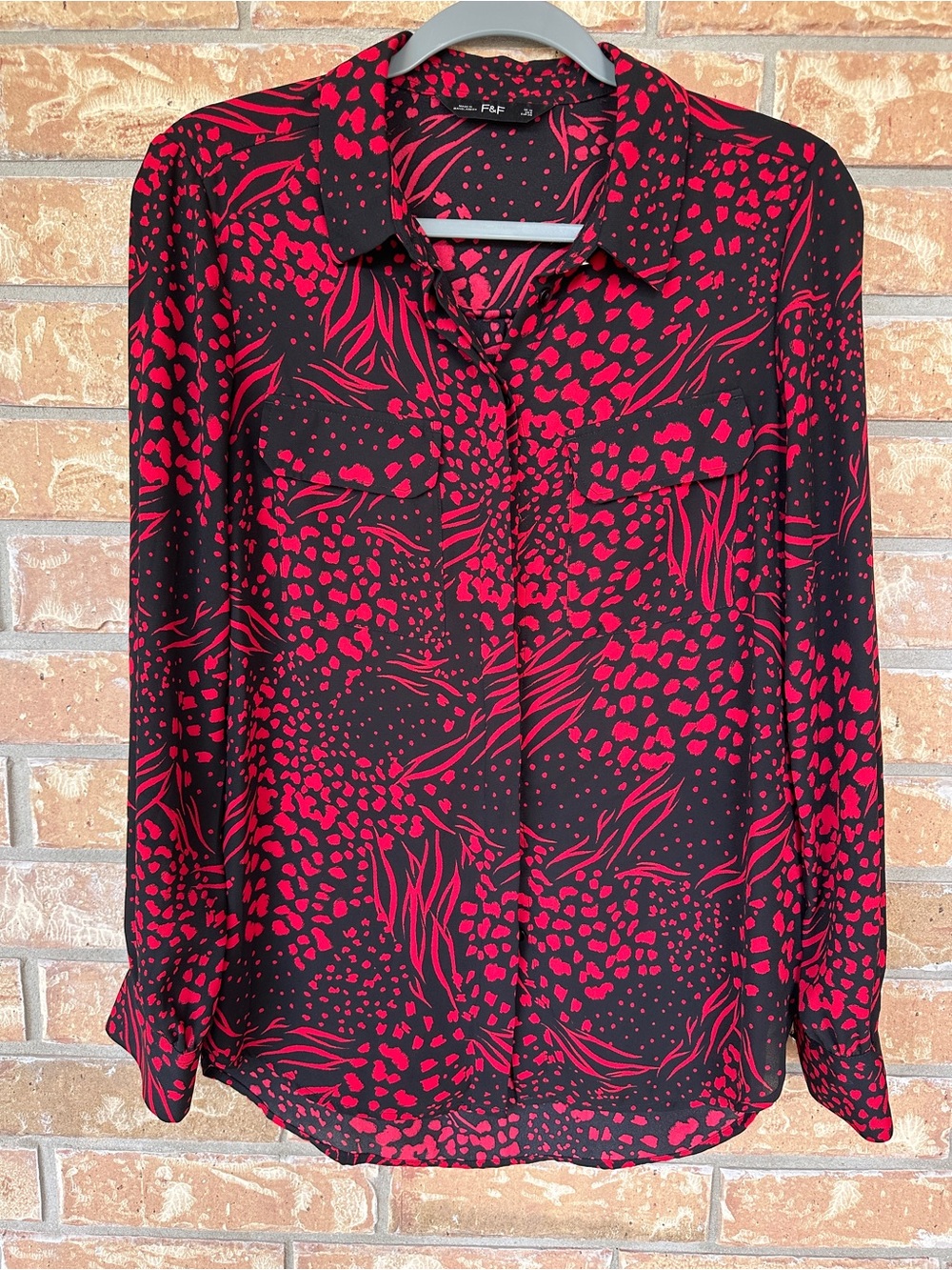 F&F Red Black Button Down Blouse Top US 6 UK 10